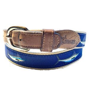 World Wide Sportsman Leather Mens Nautical Fish Ribbon Leather Belt Size 38 Blue
